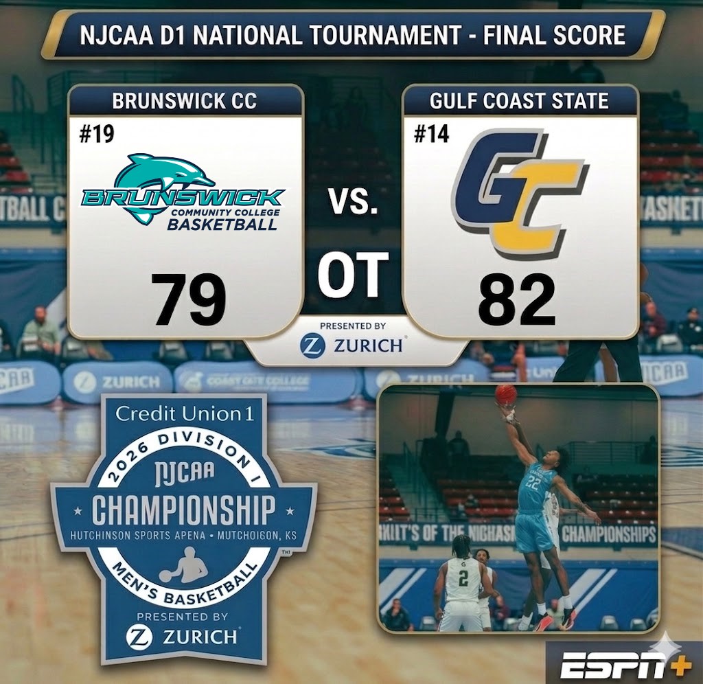 Graphic showing logos for BCC and Golf Coast Basketball teams. It also shows the final score and two players shooting the ball.
